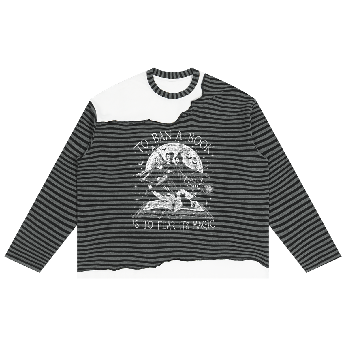 Hocus Pocus Don't Ban Books Striped Panel Boxy Long Sleeve T-Shirt