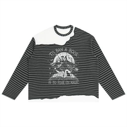 Hocus Pocus Don't Ban Books Striped Panel Boxy Long Sleeve T-Shirt