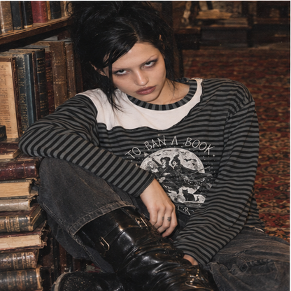 Hocus Pocus Don't Ban Books Striped Panel Boxy Long Sleeve T-Shirt