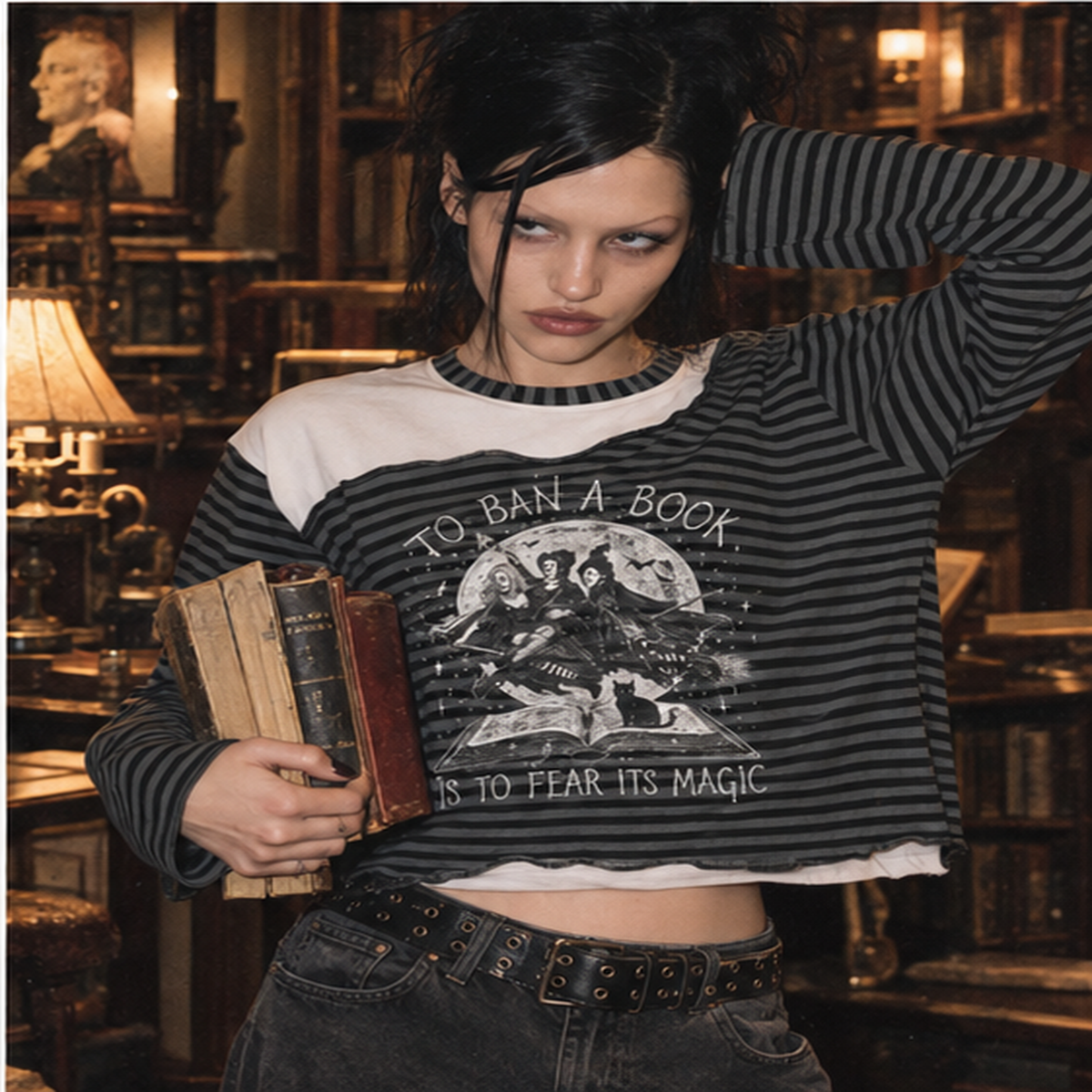 Hocus Pocus Don't Ban Books Striped Panel Boxy Long Sleeve T-Shirt