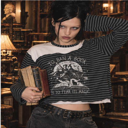 Hocus Pocus Don't Ban Books Striped Panel Boxy Long Sleeve T-Shirt
